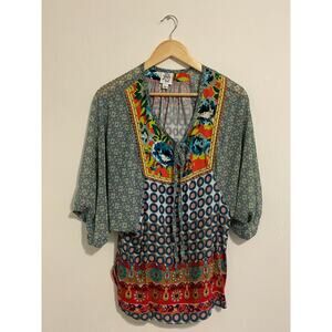 New York & Company Women's 3/4 Sleeve Boho Top Multi-Color Front-Tie Closure